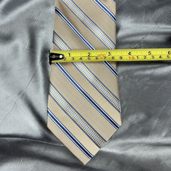 Michael Kors Mens Neck Tie Necktie Silk Tan Blue White Stripes 59” L 3.5” Gifts - Picture 8 of 9